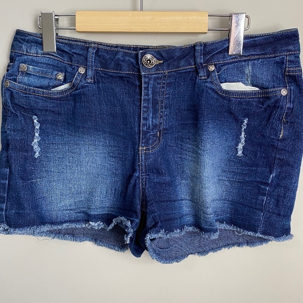 Blue Crush Distressed Navy Denim‎ Women's Cut-off Mini Shorts Size 11 Dark Wash